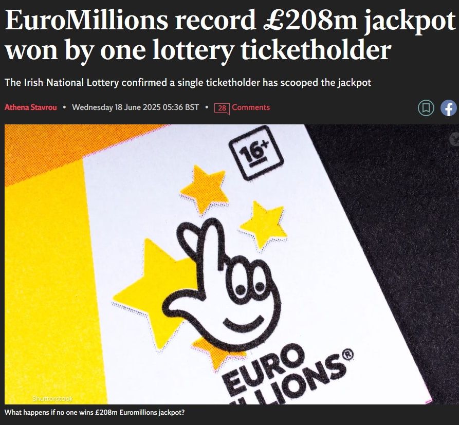 EuroMillions record £208m jackpot won by one lottery ticketholder